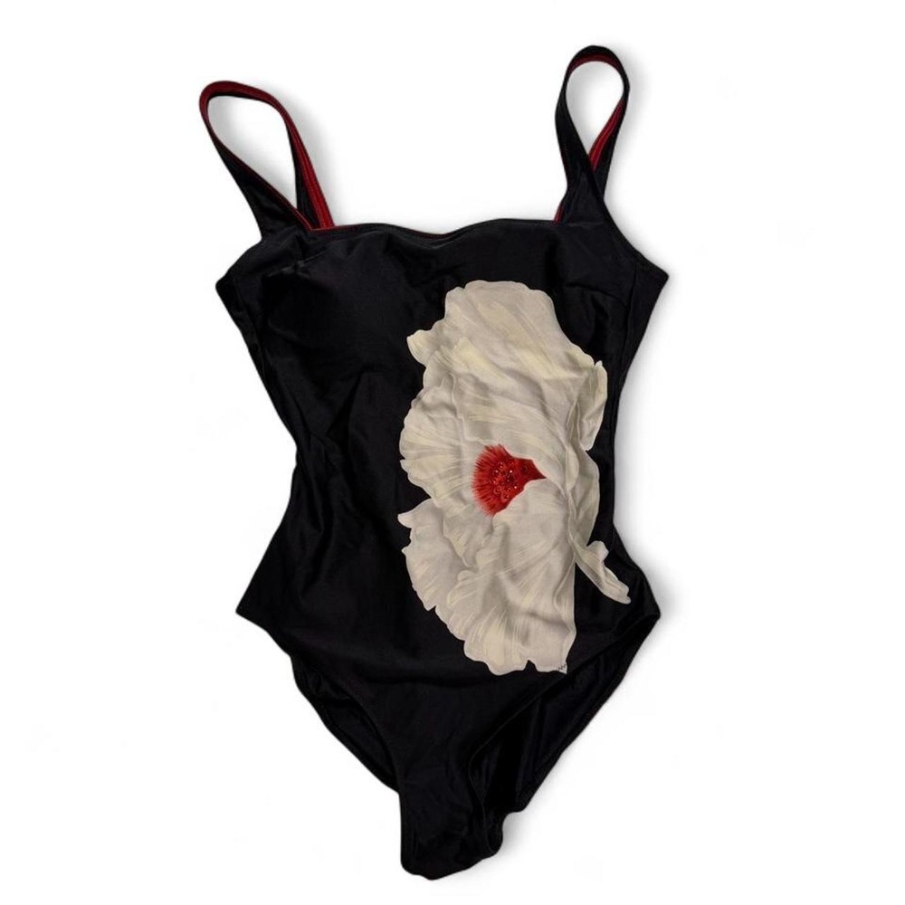 Vintage 90s Gottex Black White Poppy Floral One Piece Swimsuit Red Trim